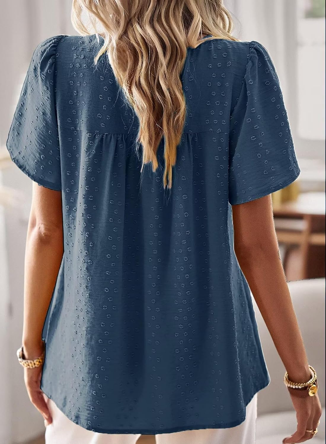 Detalle de Falechay Women’s Summer Boho Blouse with Crew Neck, Crochet Lace Edges & Short Sleeves