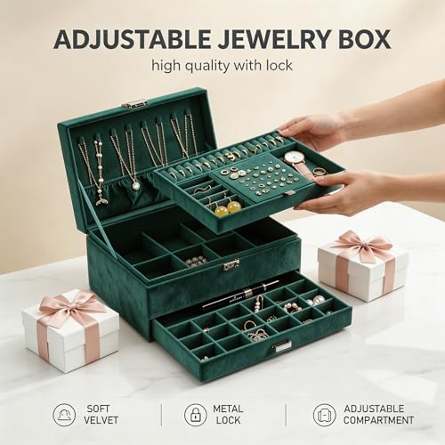 Detalle de Lumcoyee Jewellery Organisers Box for Women & Girls, 3-Tier & 2 Drawers, Green