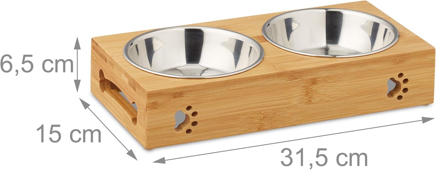 Detalle de Relaxdays 10028859 écuelle double surélevée pour chiens — bambou et inox, 2 x 300 ml