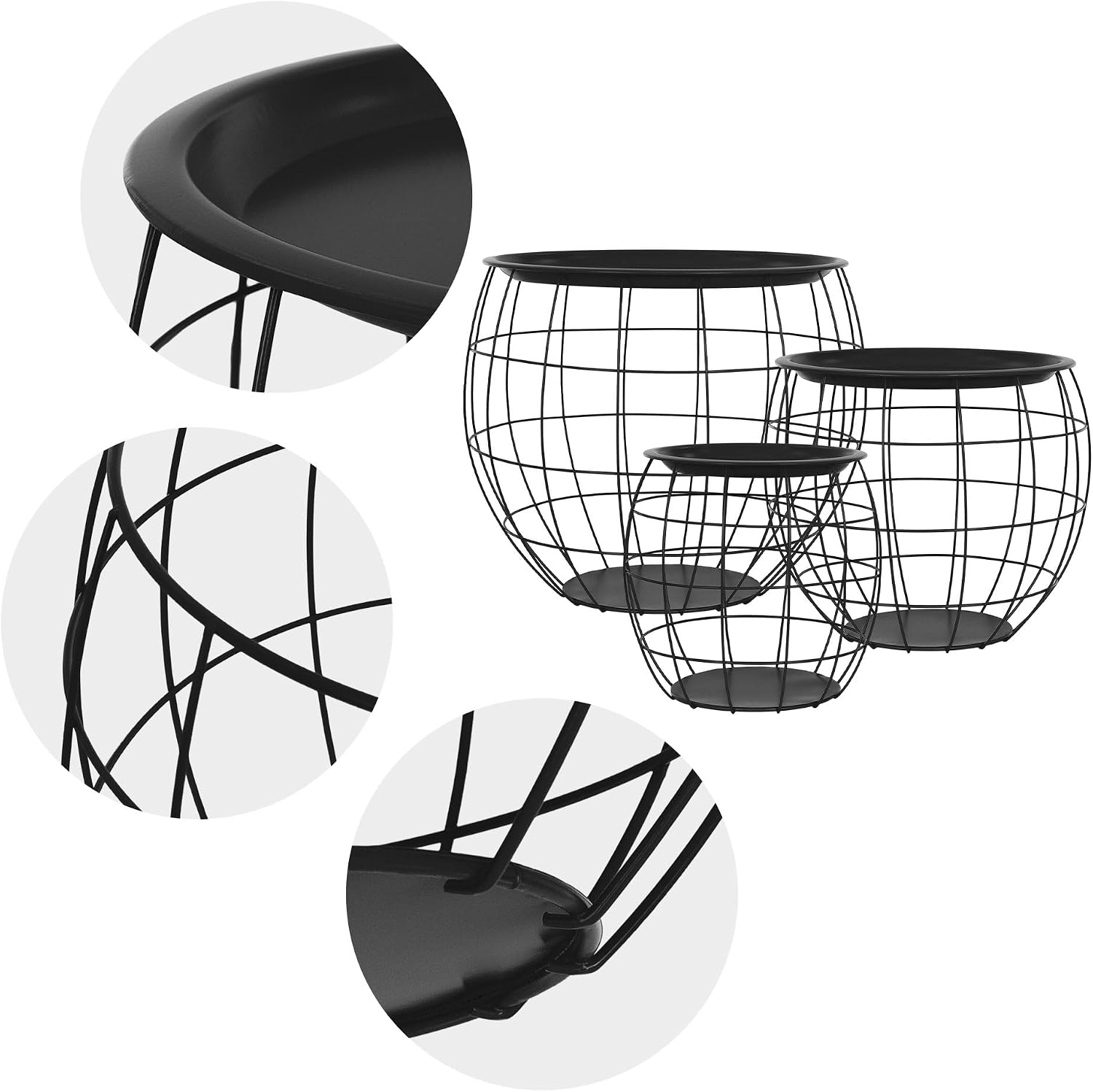 Thumbnail 4 de ML-Design Set da 3 Tavolini a Forma di Cestello in Metallo Nero Ø31/Ø38/Ø47 cm