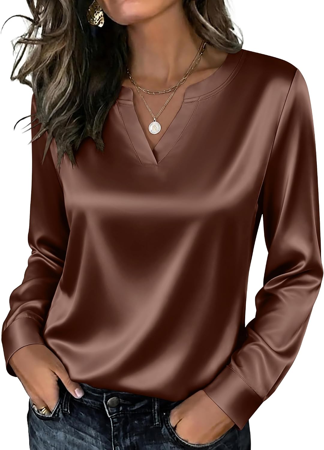 Detalle de Zeagoo Satin Blouse for Women, Long Sleeve V-Neck Top with Button Cuffs