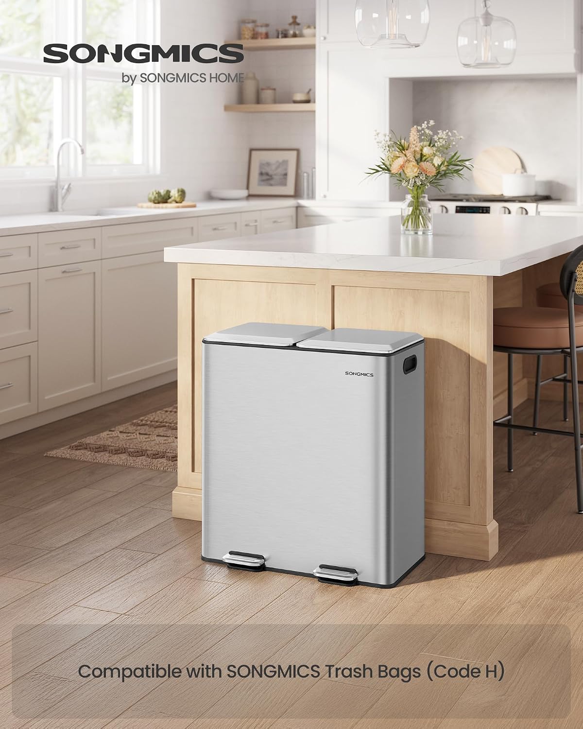 Thumbnail 1 de SONGMICS ULTB743E01 Double Trash Can, 2 x 8-Gallon, Stainless Steel