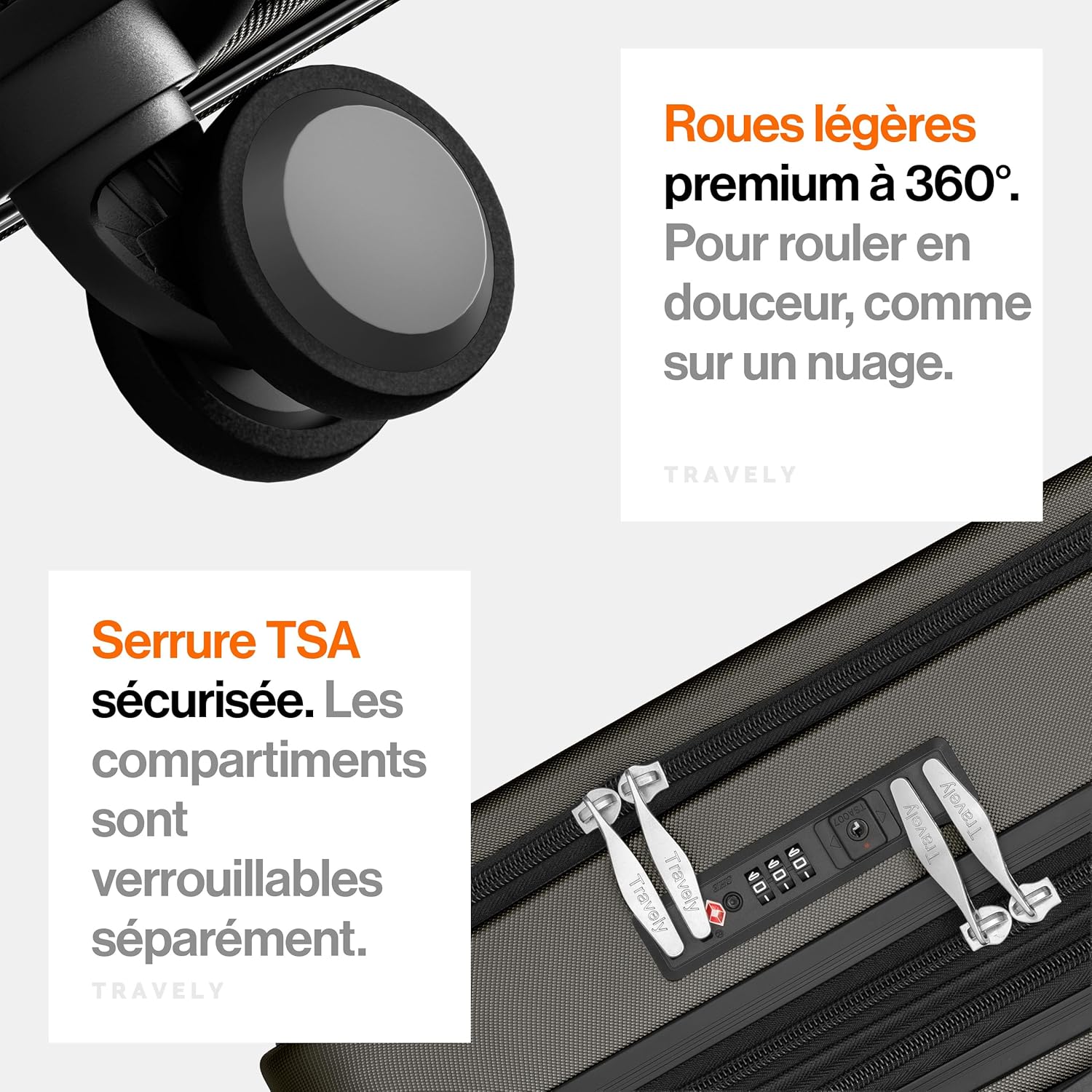 Detalle 2 de Travely Valise Cabine Expandable 55x40x23 cm – 36 L (ou 41–50 L) avec roulettes souples et serrure TSA