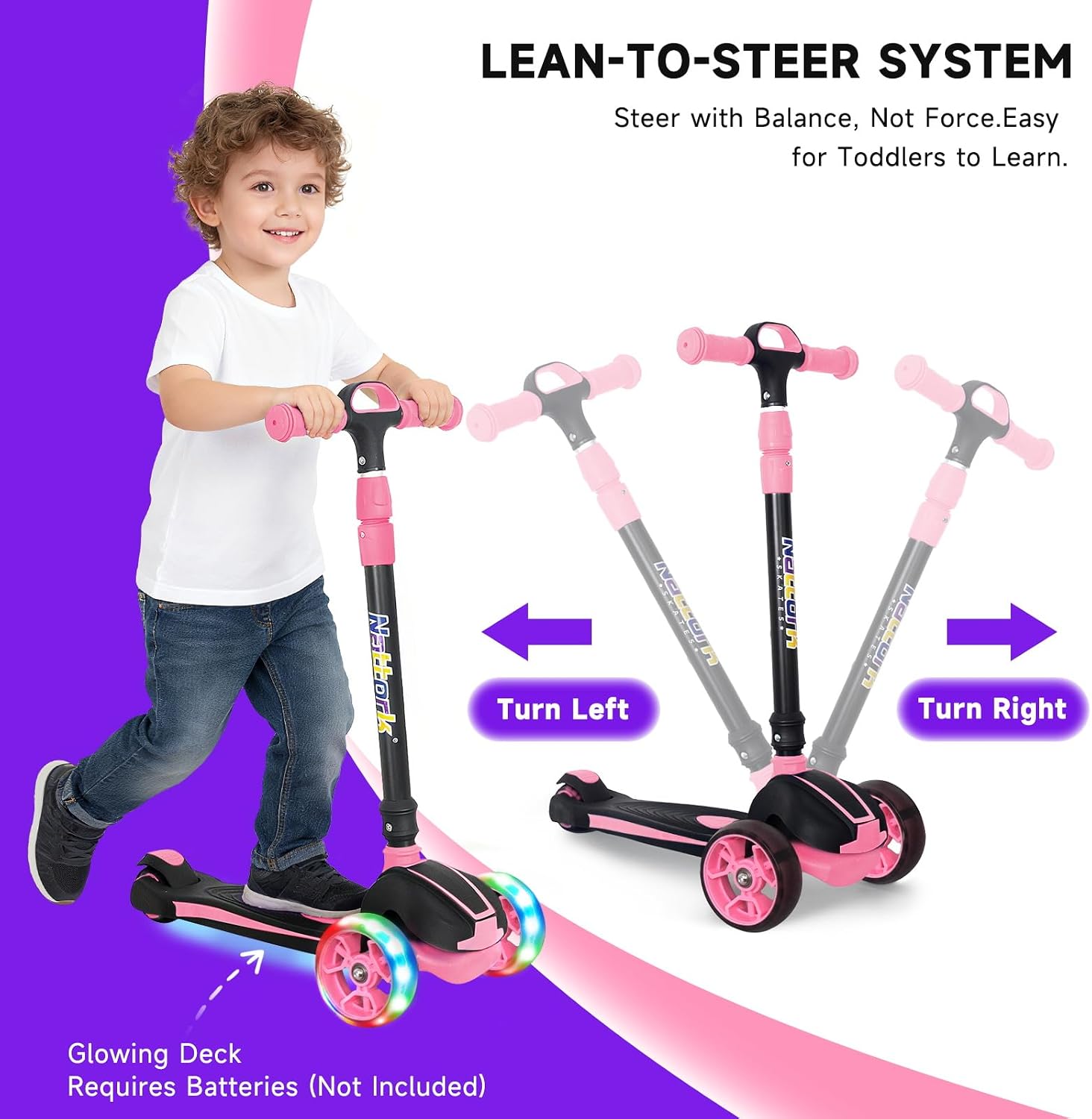 Detalle de Nattork Kids Scooter (Age 3–8) with Light-Up 3 Wheels, Foldable Design, Adjustable Height (26–32 in) and Lean-to-Steer
