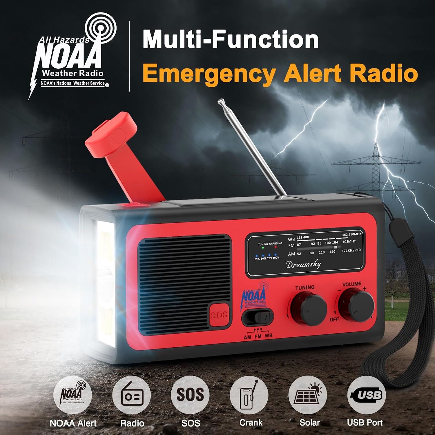 Detalle 2 de DreamSky NOAA Emergency Radio with Hand Crank, Solar Charging, SOS Alarm and Light