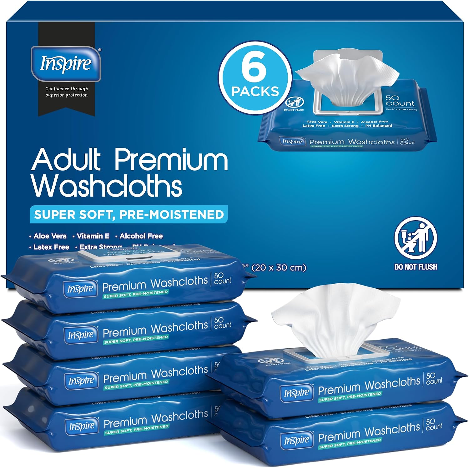 Detalle de Inspire Adult Wet Wipes (Aloe & Vitamin E) Extra Large Wash Cloths for Incontinence Care, 8"x12" — 300 Count