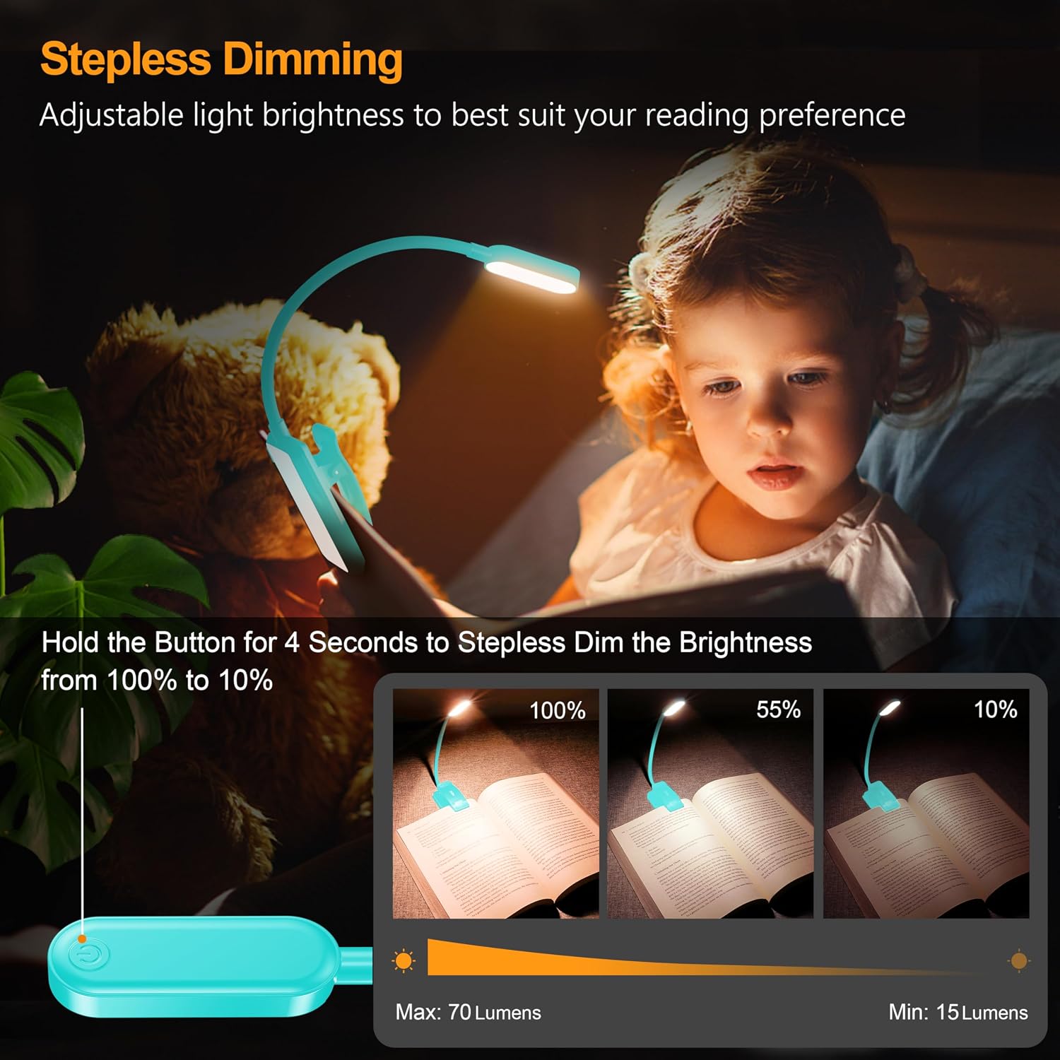 Detalle de Gritin 16 LED Reading Light book light with 3 modes, stepless dimming and rechargeable battery (Blue)