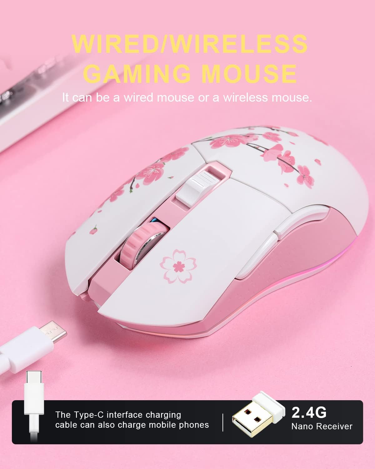 Detalle de DAREU Sakura Pink gaming mouse 10K DPI
