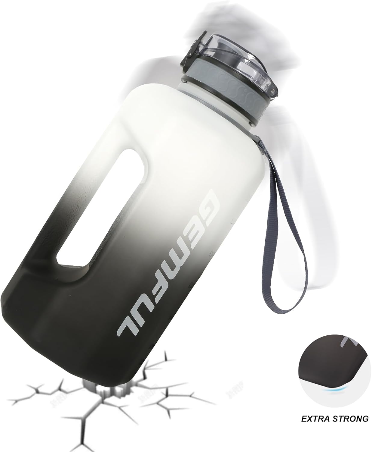 Detalle 2 de GEMFUL 2,2 l Sport-Wasserflasche mit Griff – BPA-frei, mit Zeitmarkierung (Schwarz/Weiß)