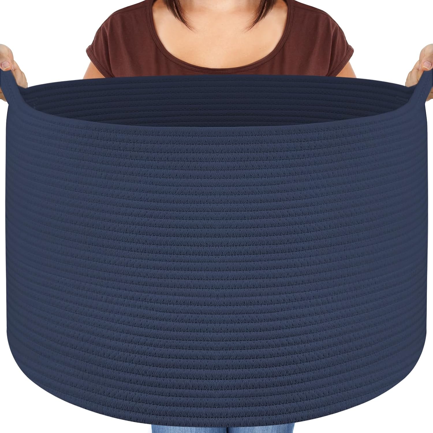 Detalle de Maliton faltbarer Aufbewahrungskorb für Kleidung & Bettwäsche (D50 x H33 cm) mit 4 Taschen – Baumwollseil, Marineblau
