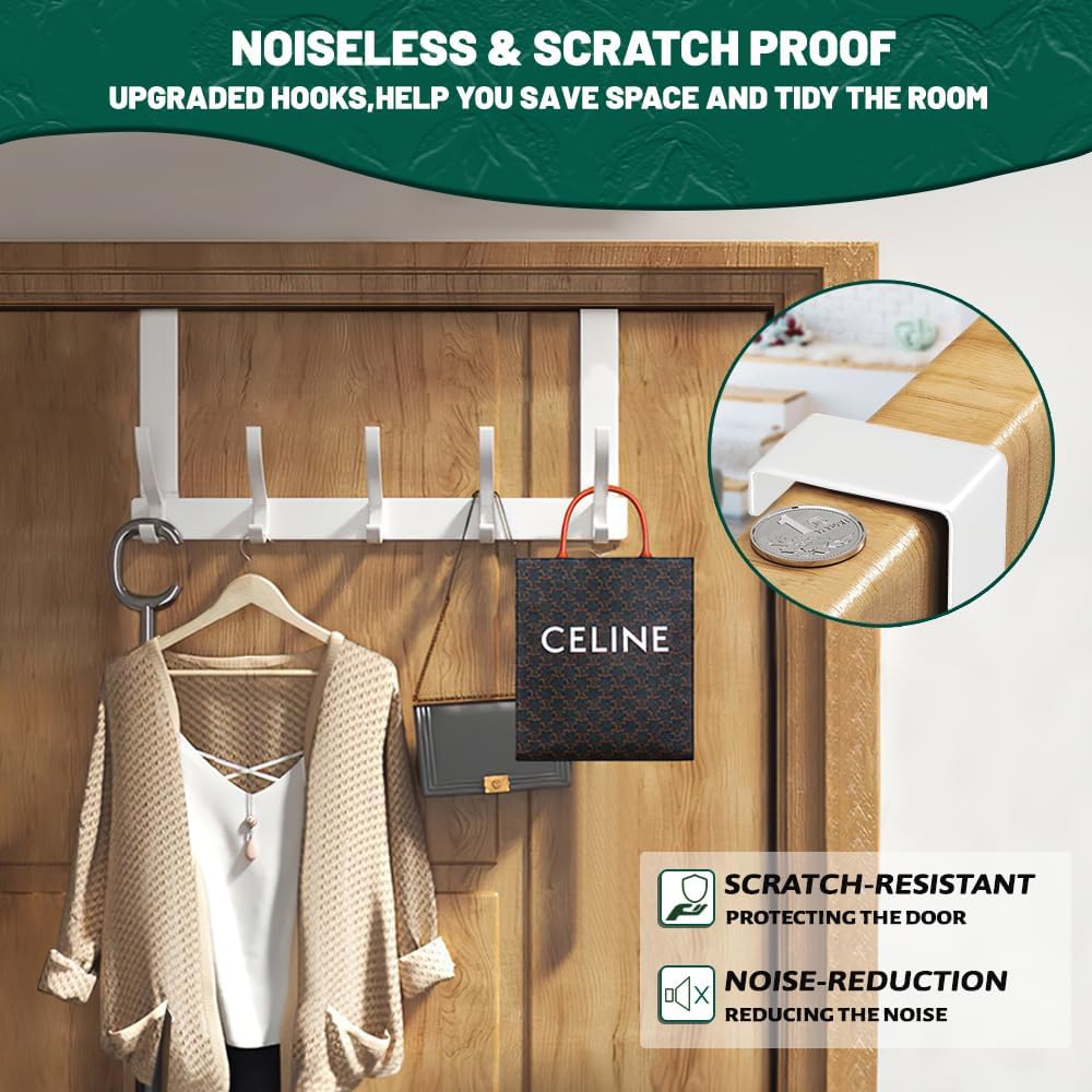 Detalle de MIVITOOM Over Door Hanger with 5 Hooks (White) – heavy duty hooks for coats, towels, keys and bags