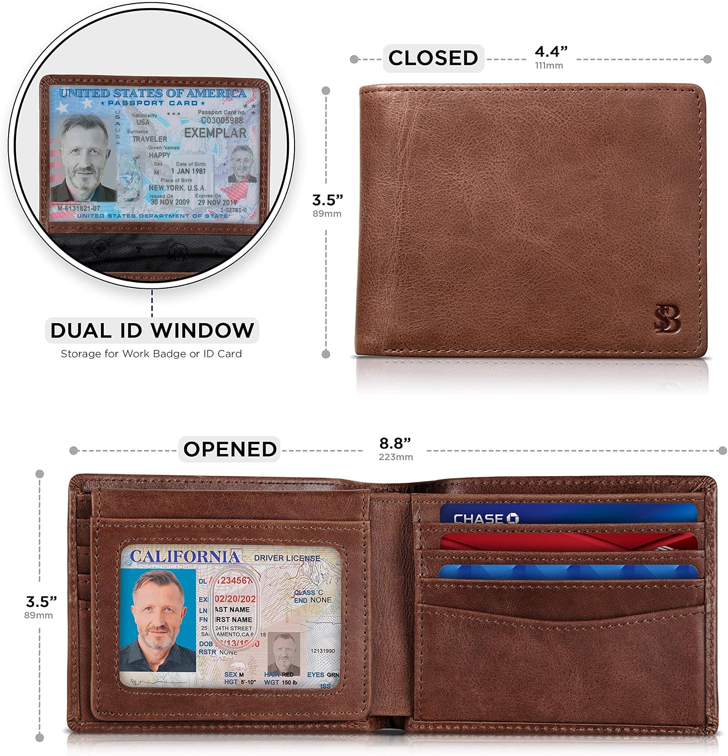 Detalle 2 de SERMAN BRANDS Men's Bifold Wallet, Full-Grain Leather