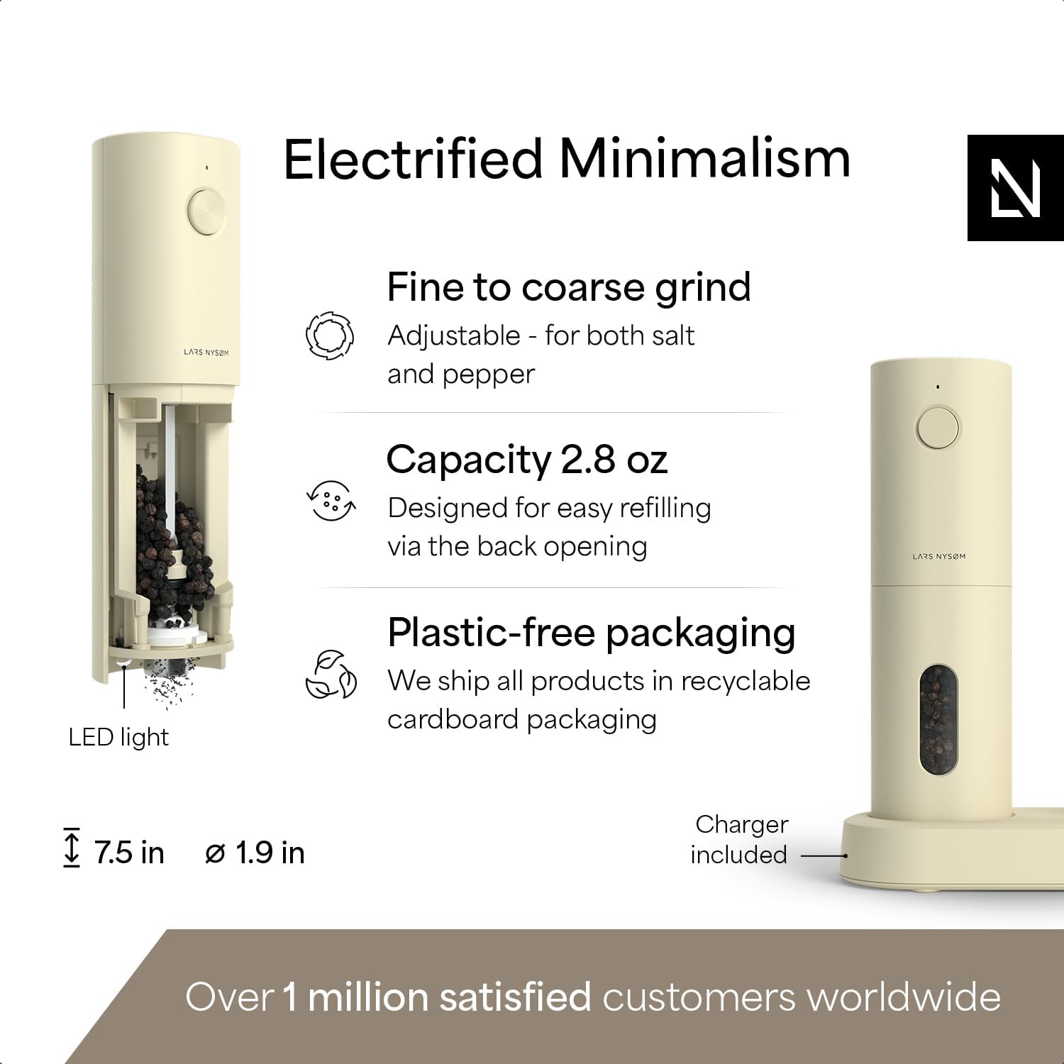 Detalle 2 de LARS NYSØM Electric Salt and Pepper Grinder Set, USB Rechargeable