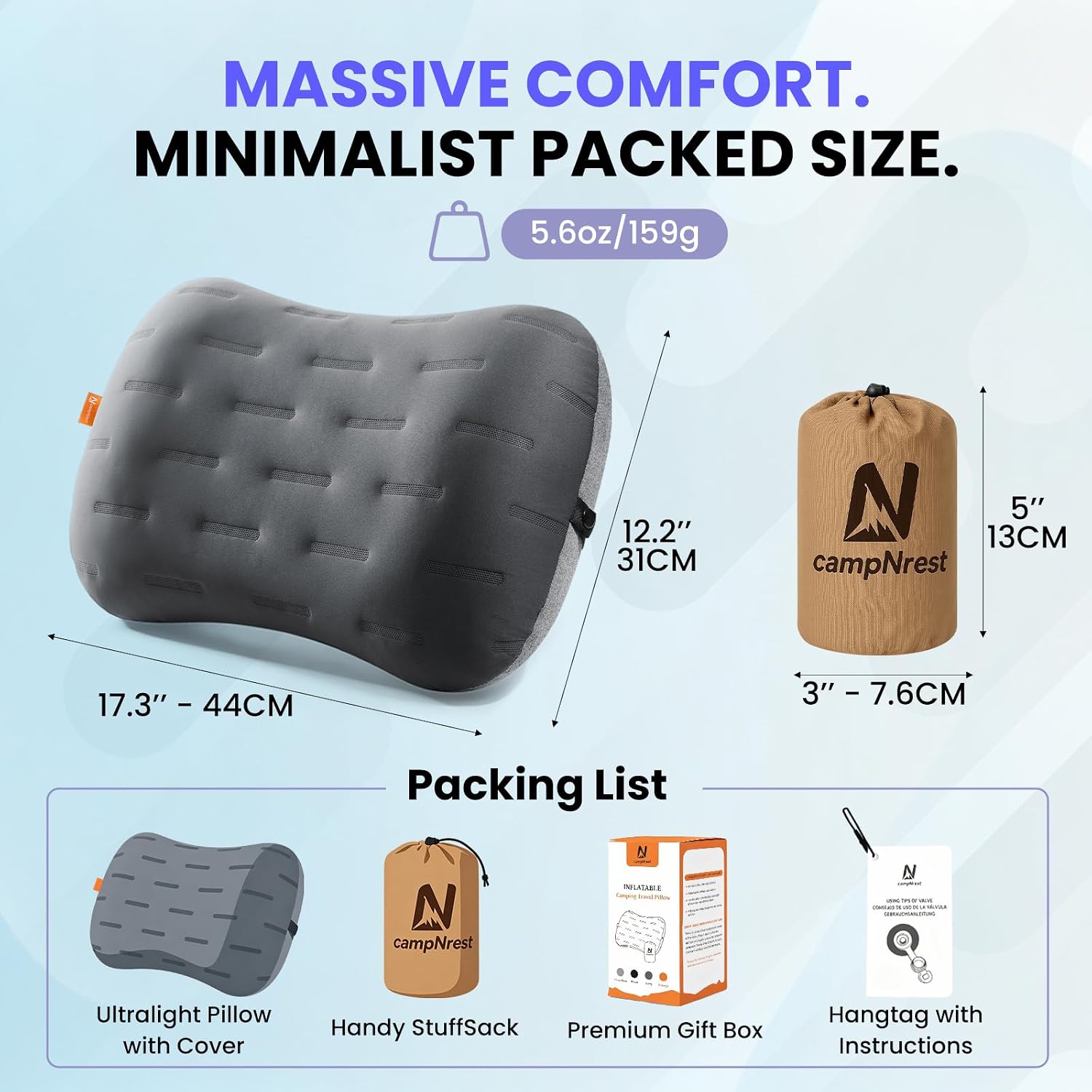 Detalle 2 de CAMPNREST Inflatable Camping Pillow, Ergonomic Air Pillow with Washable Cover