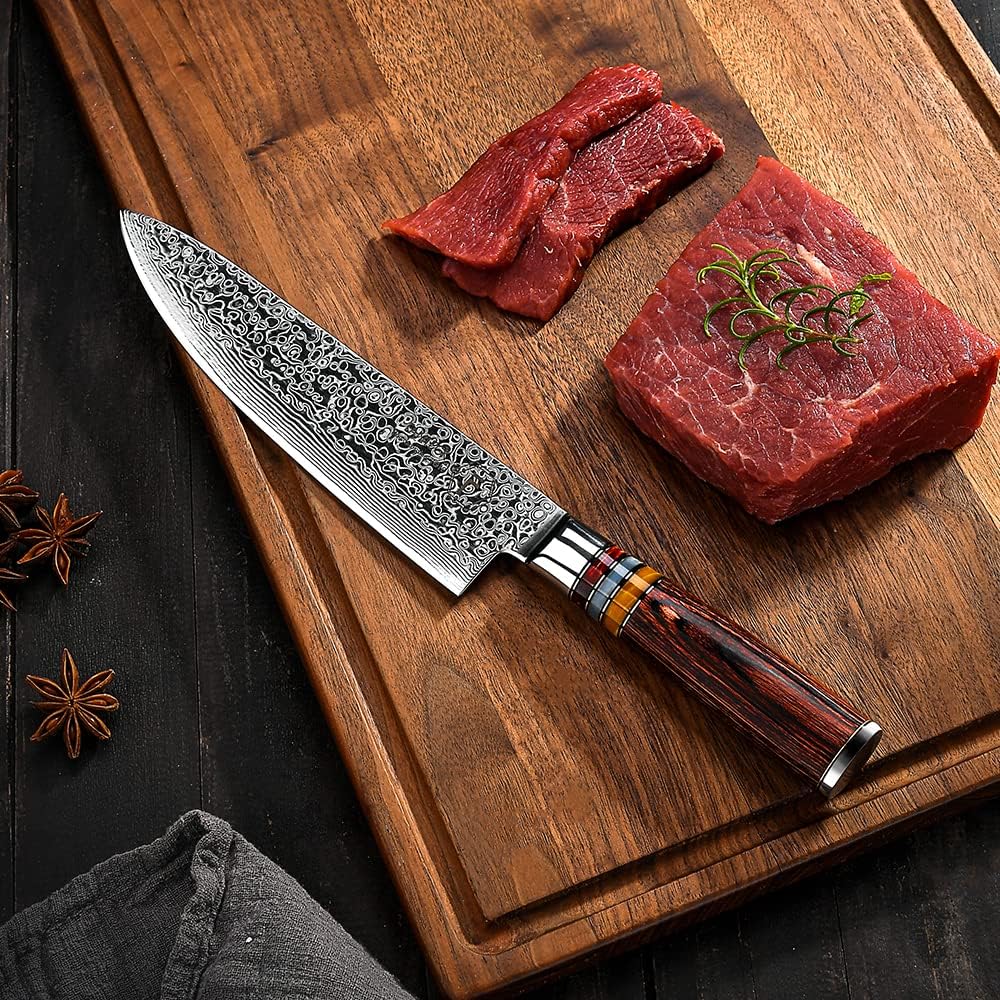 Detalle 2 de FANTECK Damastmesser 20 cm „67 Schichten“ mit VG-10 Damaststahl & Pakkaholzgriff (Gyuto)