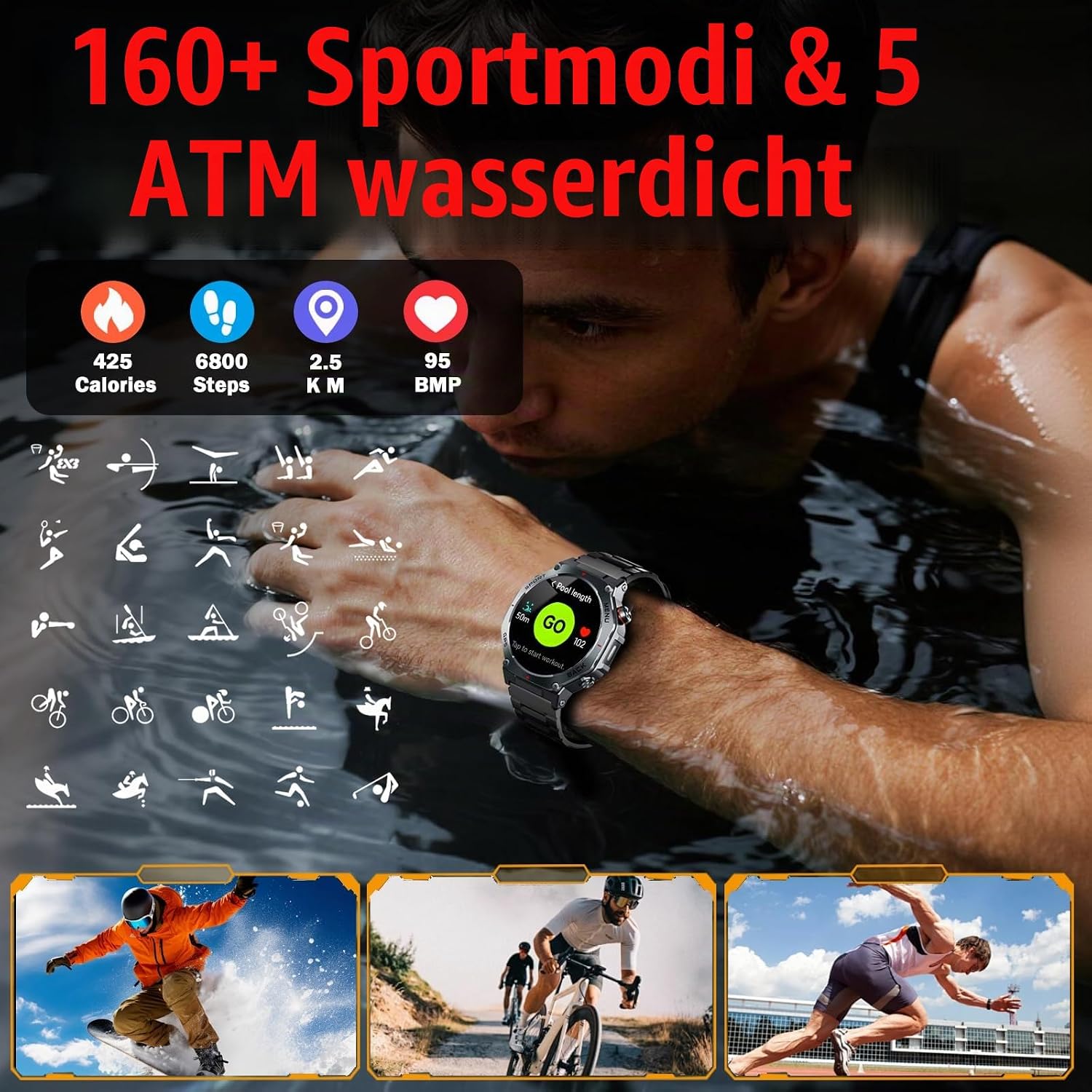 Thumbnail 6 de Jugeman Smartwatch Herren GPS – 1,43 Zoll AMOLED Fitnessuhr mit Bluetooth Anrufen