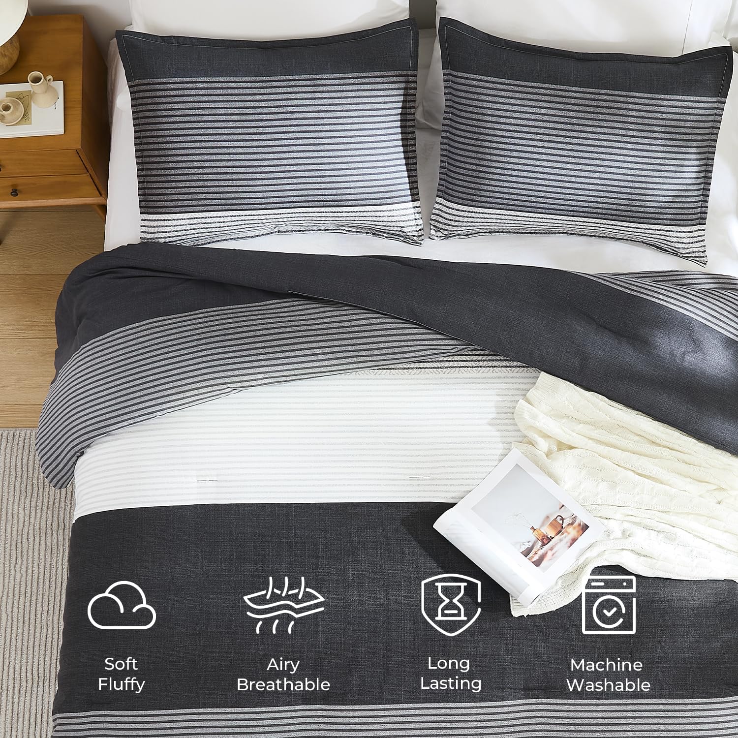 Thumbnail 4 de Litanika Queen Comforter Set (Black, White, Grey) — Lightweight 3-Piece Down Alternative Bedding