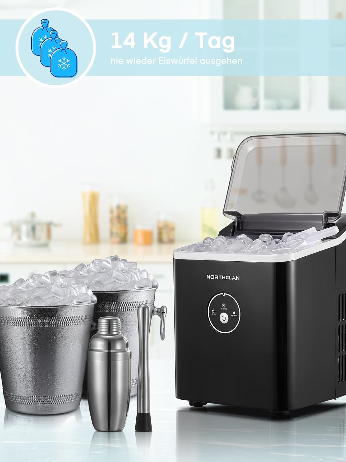 Thumbnail 2 de Eiswürfelmaschine NORTHCLAN „Testsieger 2025“ – 14 kg/24 Stunden, 9 Eiswürfel in 6–8 Minuten, 120 W (Dunkelgrau)