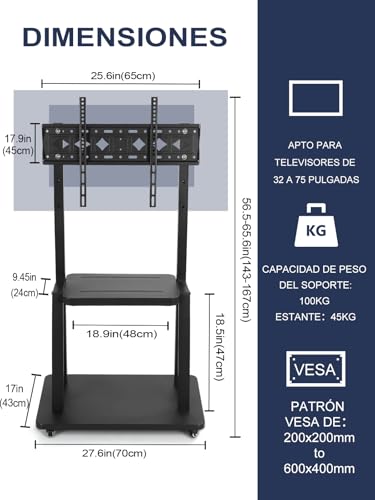 Detalle 1 de Soporte de TV con Ruedas, Ajustable, Hasta 75"