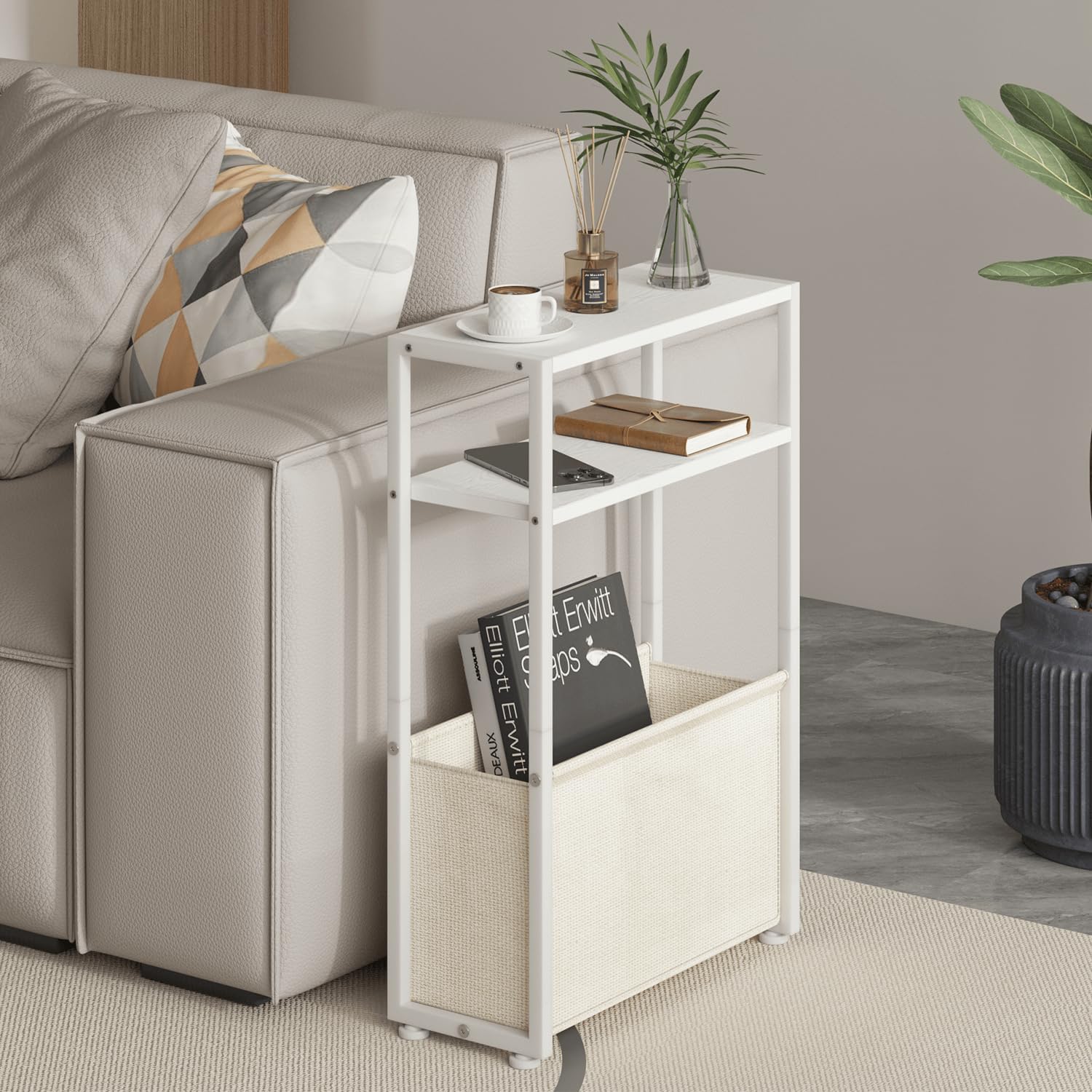 Detalle de Leomonio Narrow Side Table, White and Camel Brown