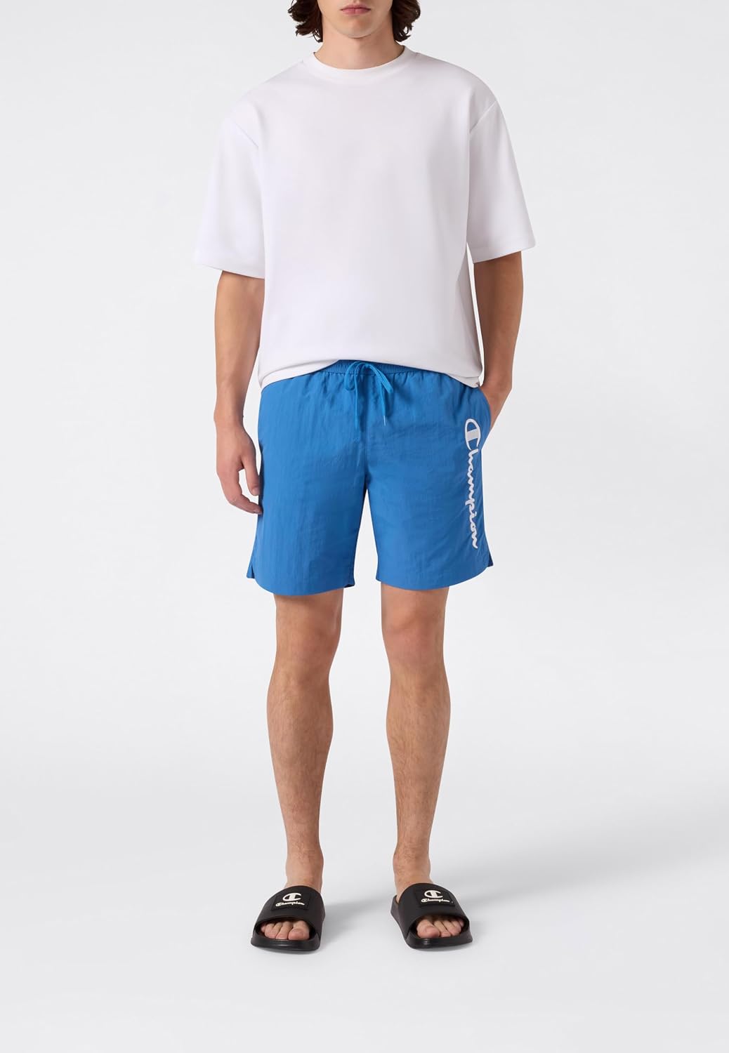 Detalle de Champion Beachshorts Costume a Pantaloncino da Uomo – logo Champion, lunghezza media e tasche laterali