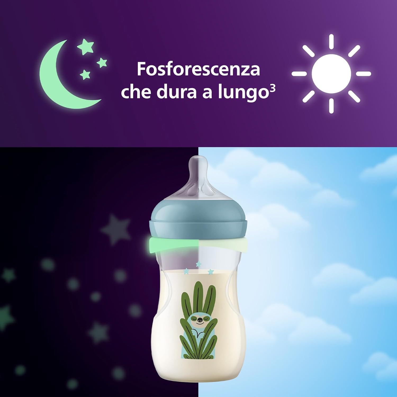 Detalle de Philips Avent Set Nighttime a Risposta Naturale – Biberon 260 ml con tettarella Flusso 3, anello fosforescente e ciuccio Ultra Soft Nighttime