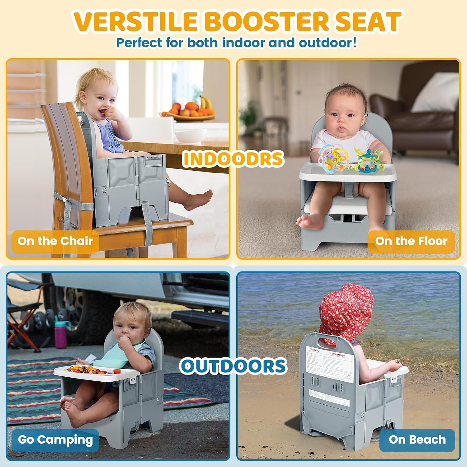 Thumbnail 5 de Orzbow Foldable Baby Booster Seat with Tray, 3-Point Belt, Grey