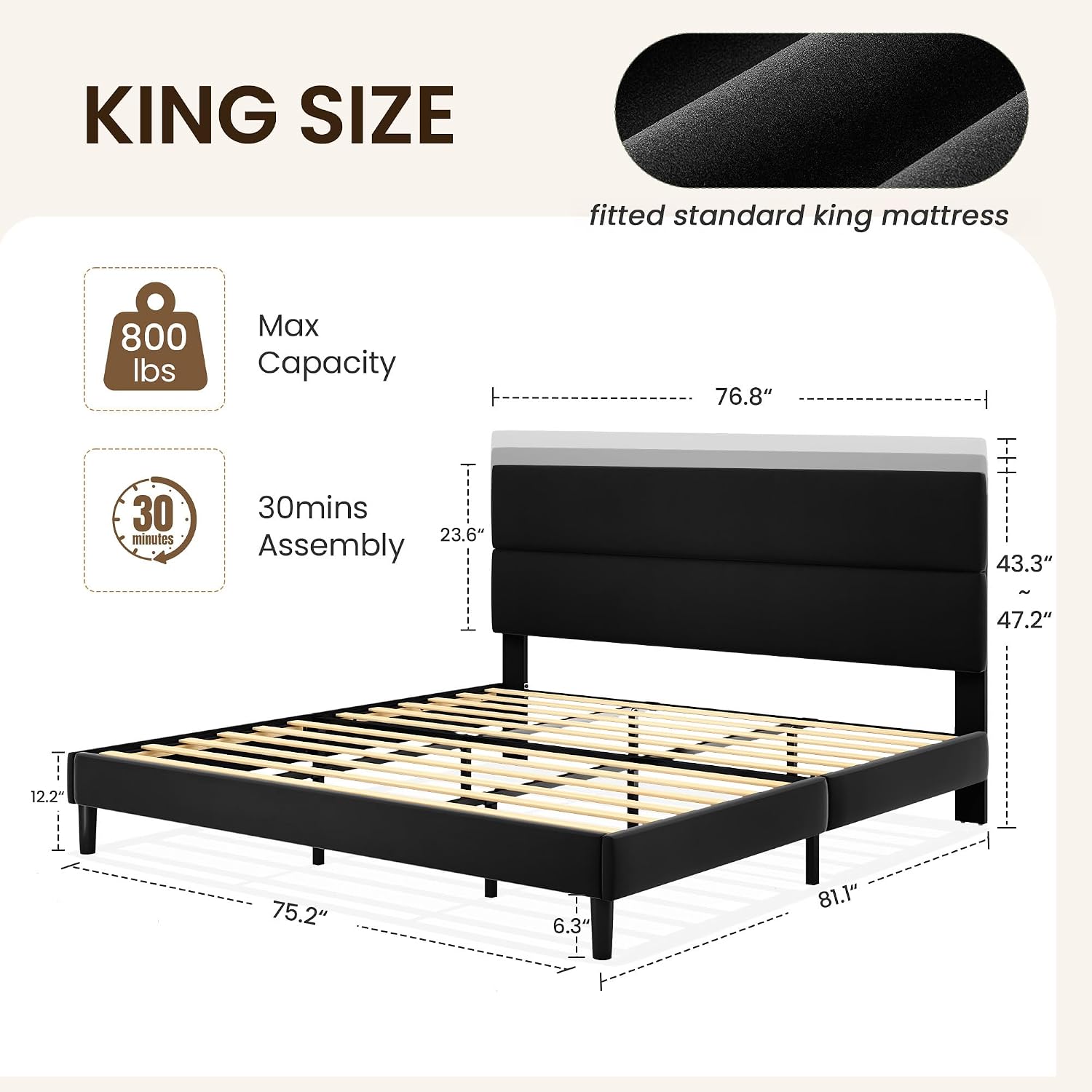 Detalle 2 de GRUSIGN HFCJ-K-BLK King Platform Bed Frame with Velvet Headboard