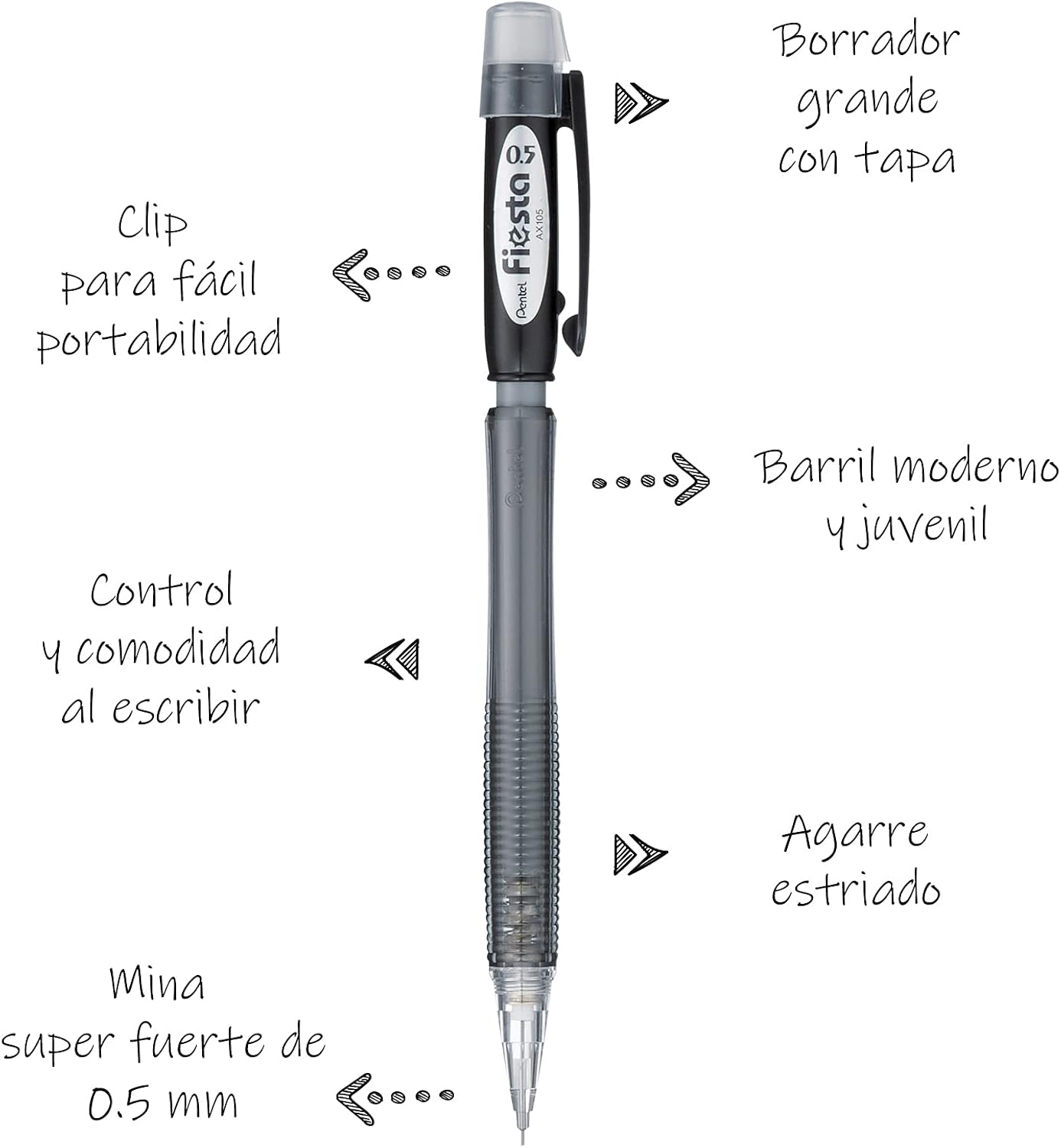 Detalle de Pentel AX105-AO Fiesta stiftpenna, 0,5 mm HB, svart, 12-pack