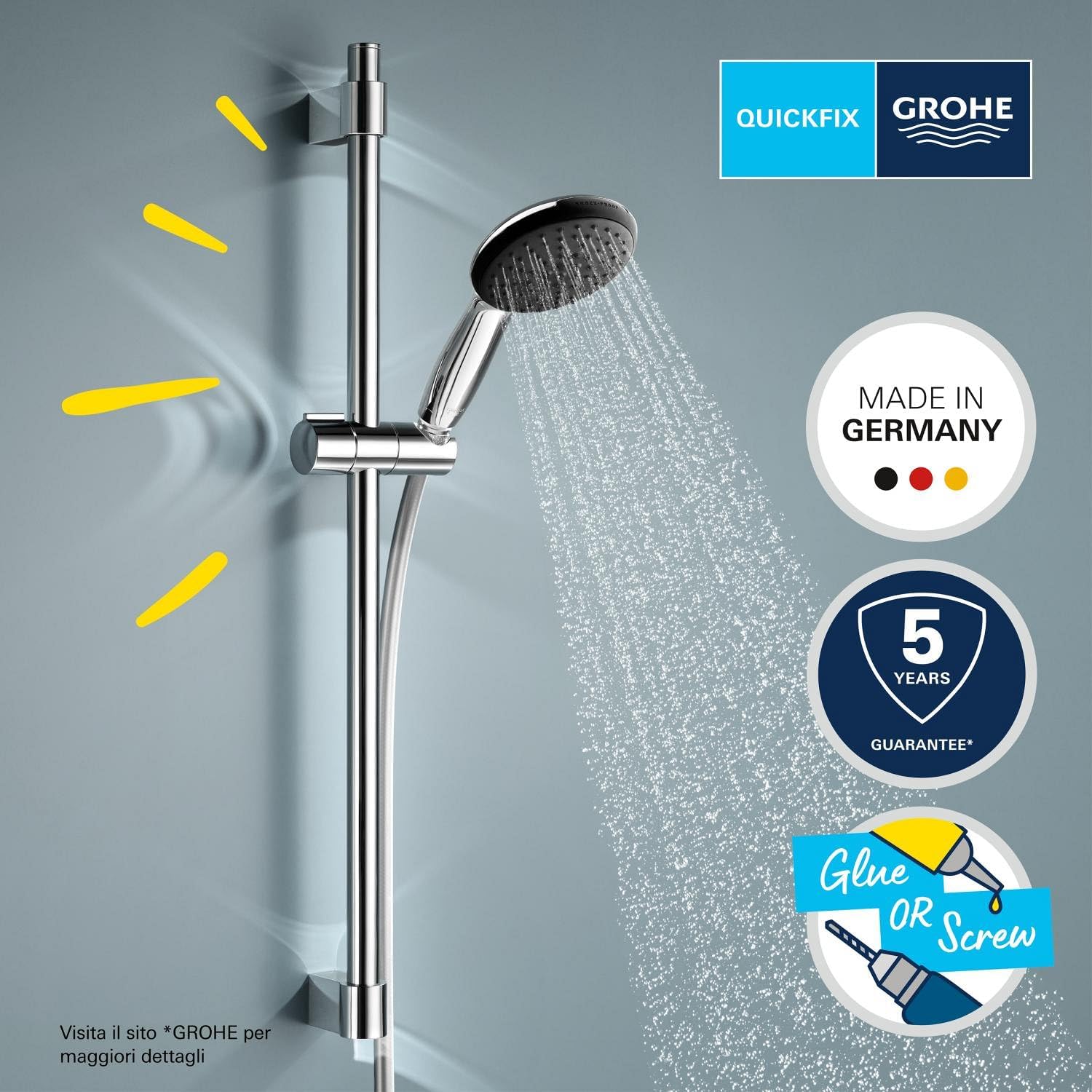 Detalle de GROHE Vitalio Start 110 Set Saliscendi Doccia con getto Rain, asta 600 mm e flessibile 1750 mm – Cromo 27942001
