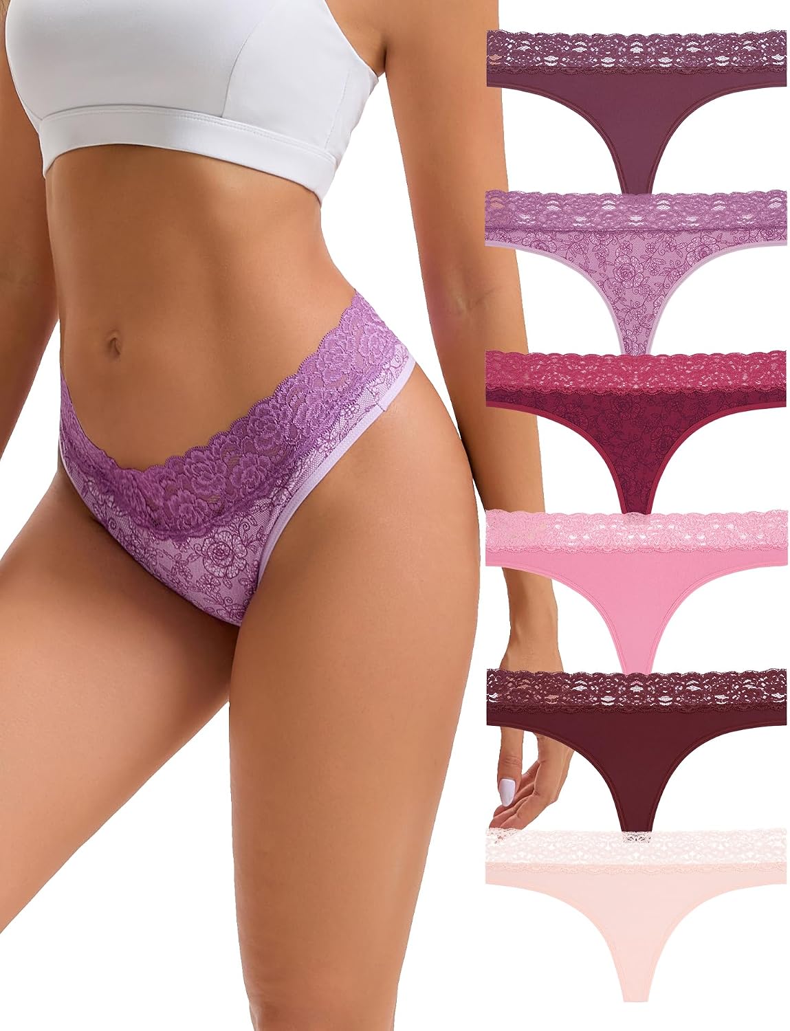 Detalle de INNERSY String Tanga Damen mit Spitze (6er Pack) aus Stretch-Baumwolle