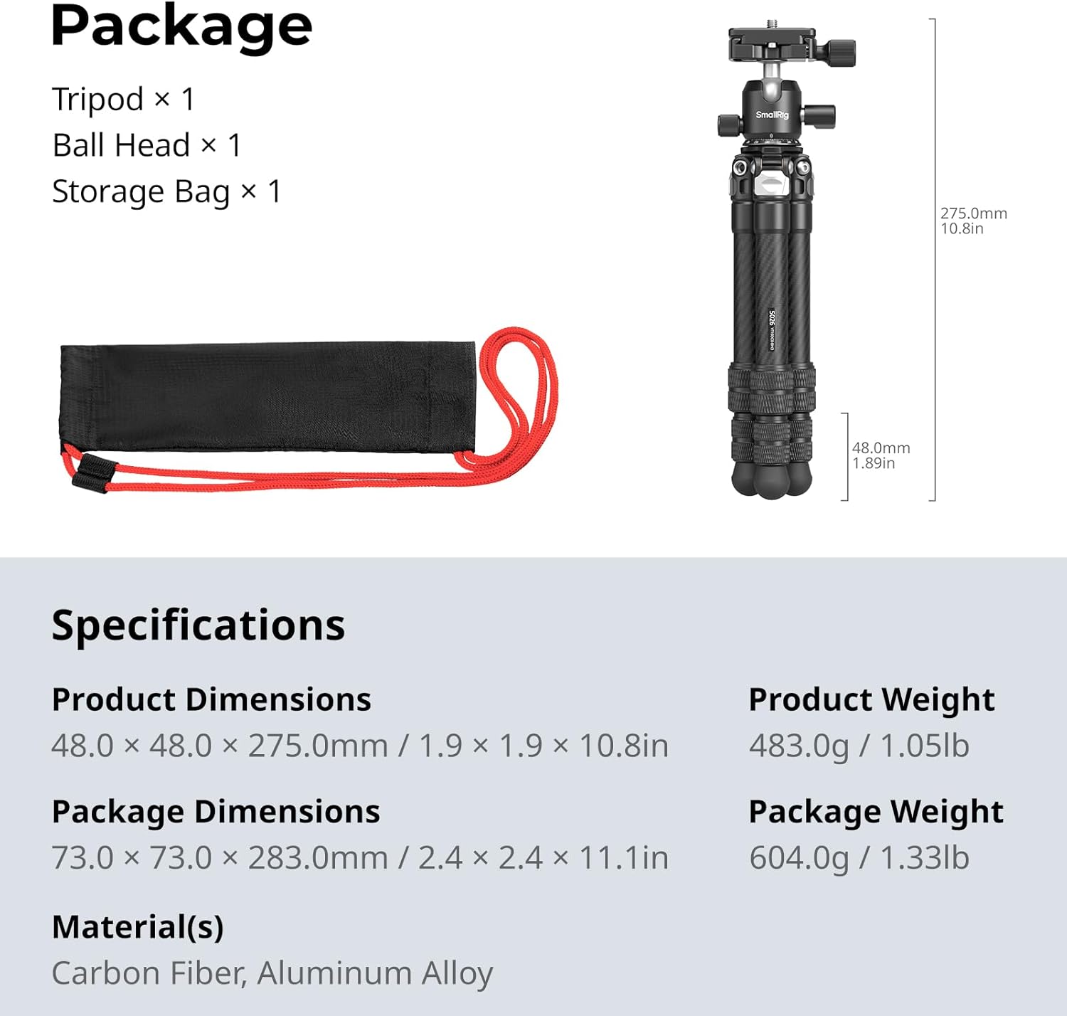 Thumbnail 6 de SmallRig Mini Trépied de Bureau en Fibre de Carbone — 15,5''/39,5 cm, Rotation 360°, Plaque QR Arca
