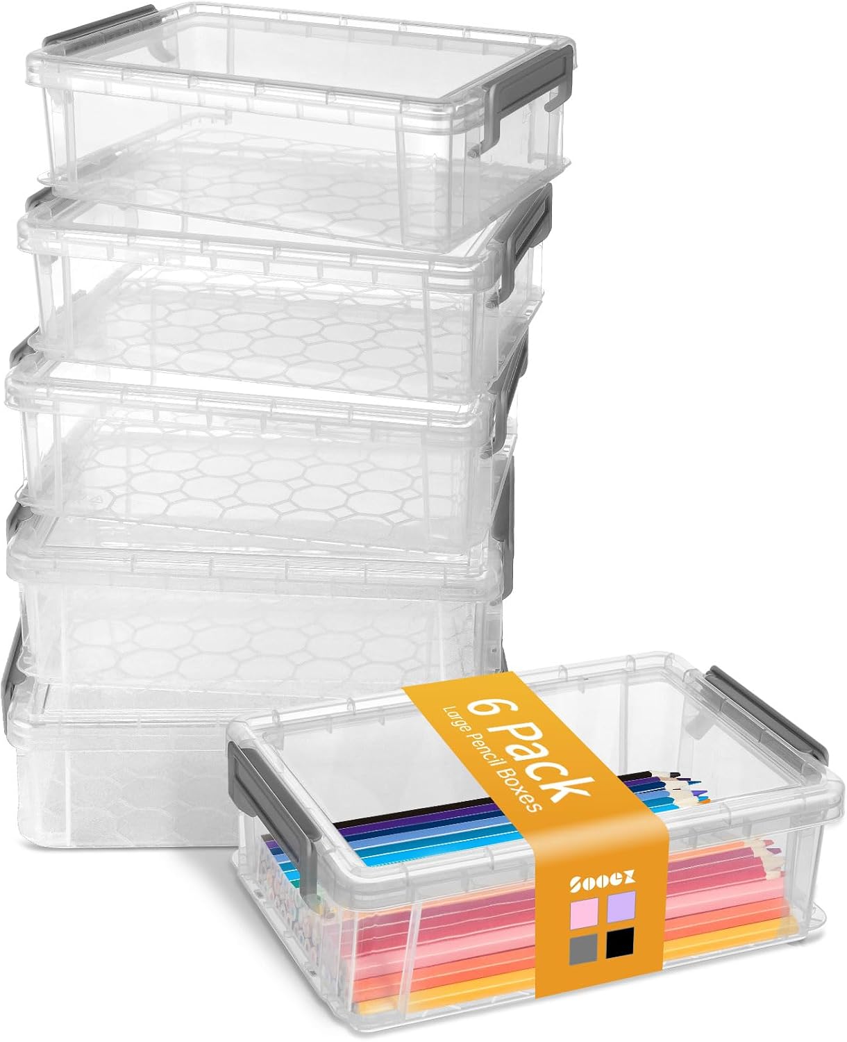 Detalle de Sooez 6-Pack Extra-Large Pencil Boxes, Stackable Clear Plastic Cases