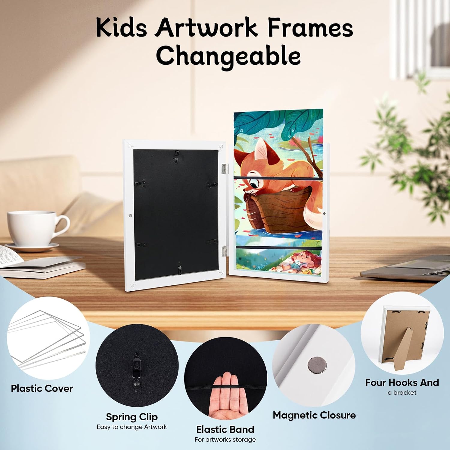 Detalle 2 de wesellcan Kids Art Frame for 8.5 x 11 Artwork, Front-Opening White Frame with Storage