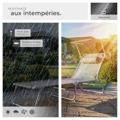 Thumbnail 6 de tectake Lot de 2 chaises longues pliables 190x68x111 cm – réglables 4 positions, pare-soleil et appui-tête (gris)
