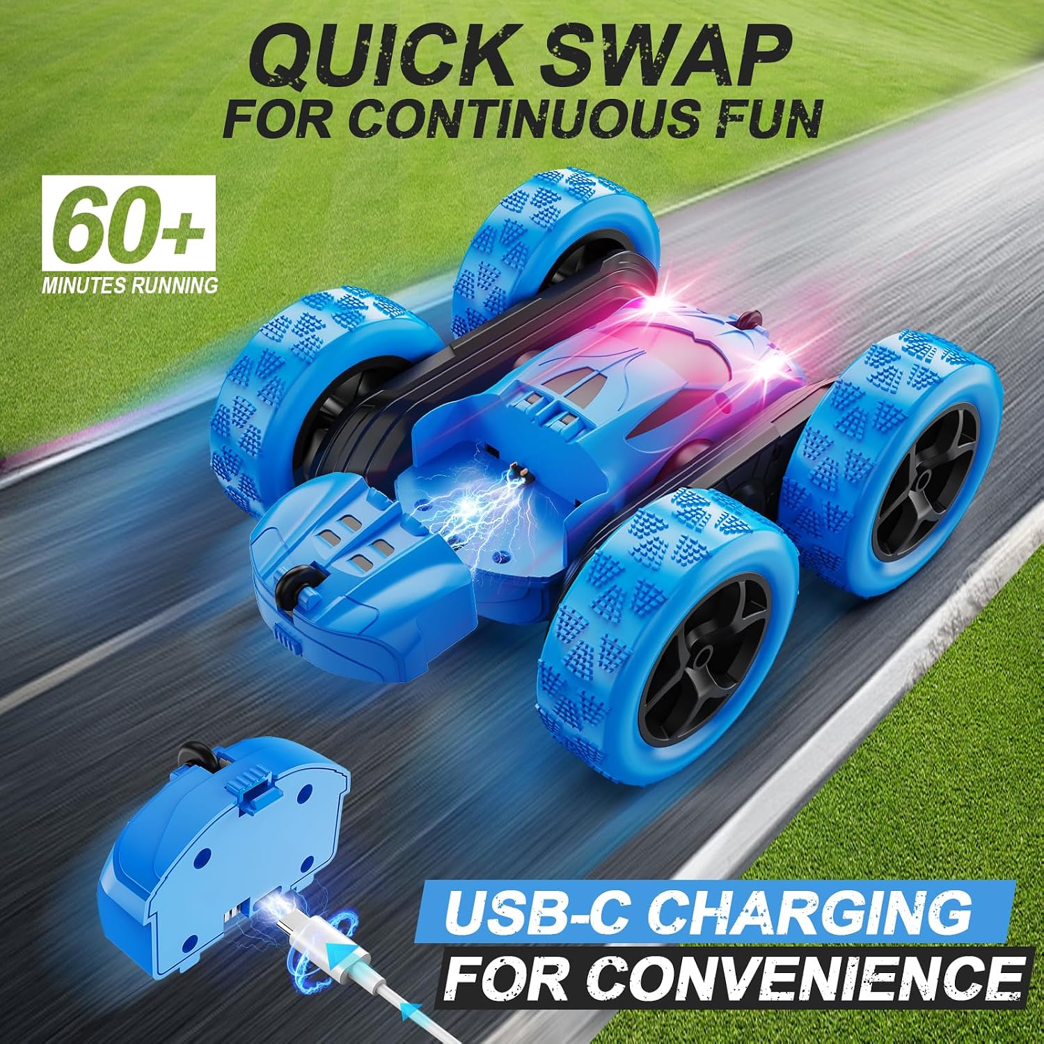 Thumbnail 1 de QUNREDA Q1 RC Stunt Car, 4WD, 360° Flips, LED Lights & USB-C Modular Batteries