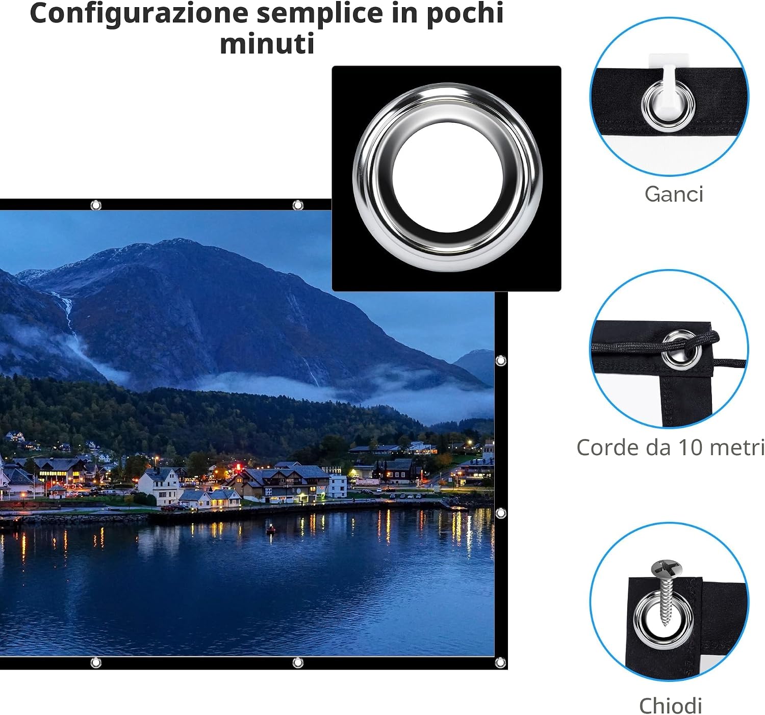 Detalle 1 de LEORFI Schermo per Proiettore 100 Pollici: Telo Portatile 16:9 4K Full HD, Doppia Faccia, Anti-Pieghe