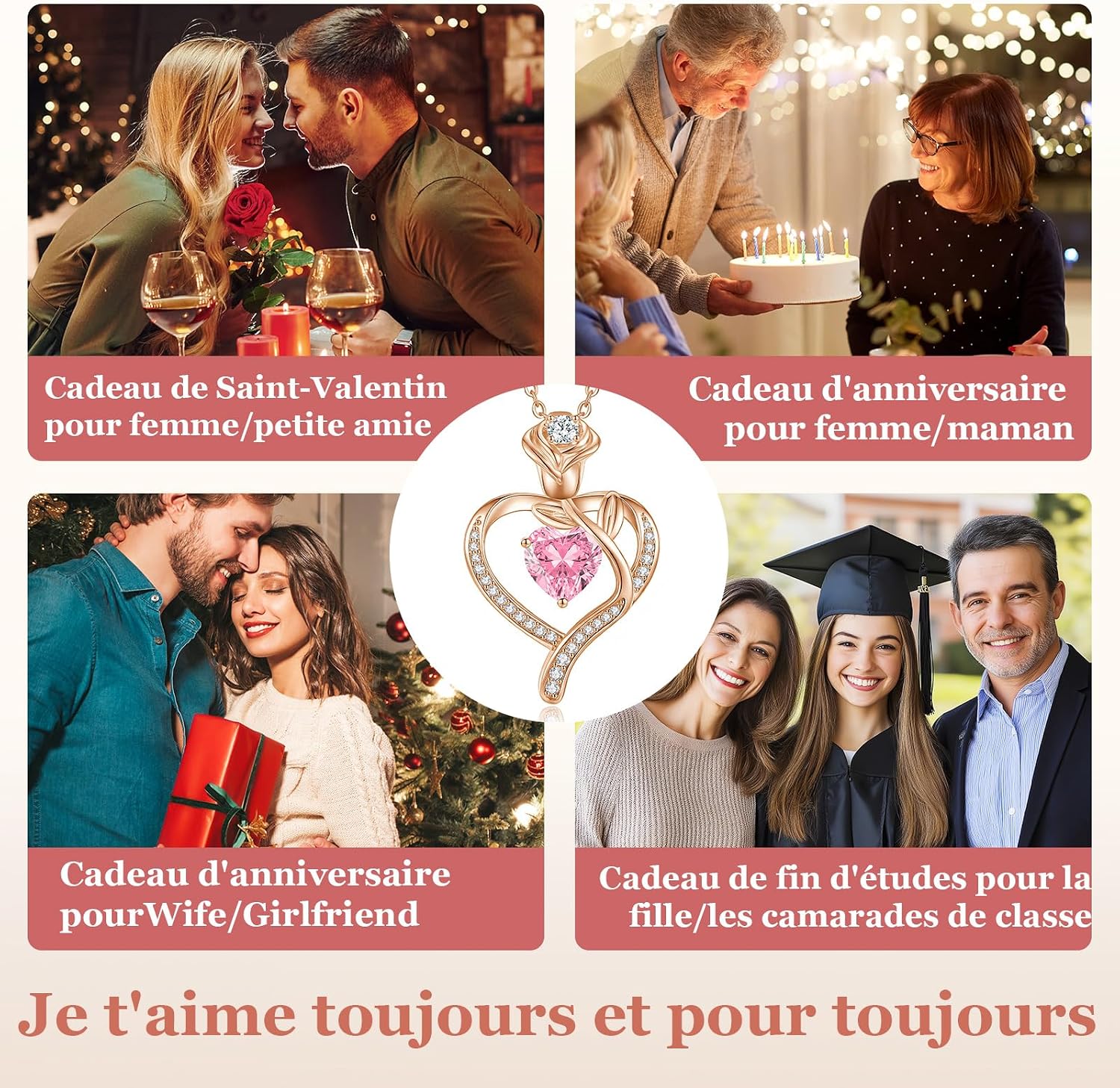 Detalle de CDE Collier femme pendentif cœur et rose argent 925 personnalisable avec pierre de naissance