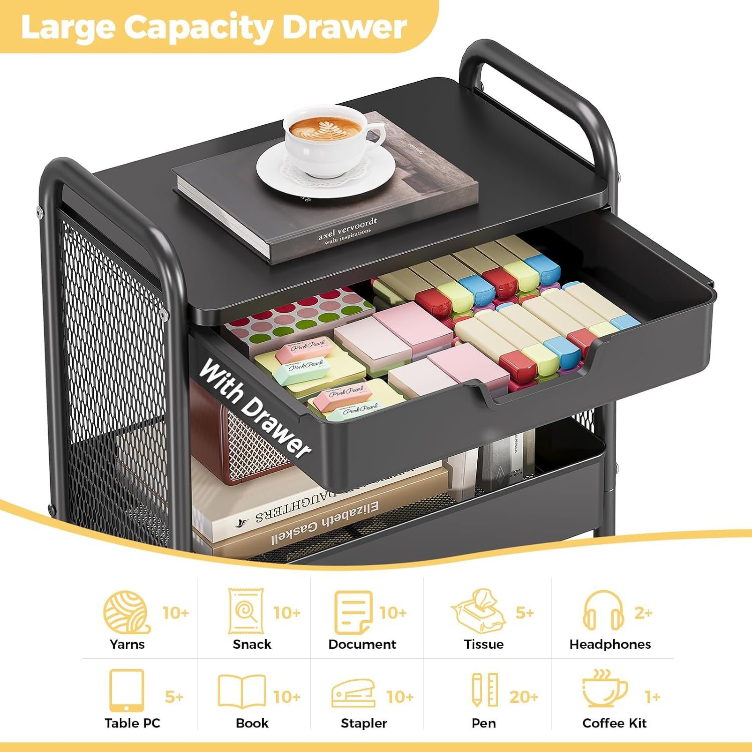 Detalle de KINGBOARD RY810536 3-Tier Metal Rolling Cart with Drawer, Hooks and Locking Wheels