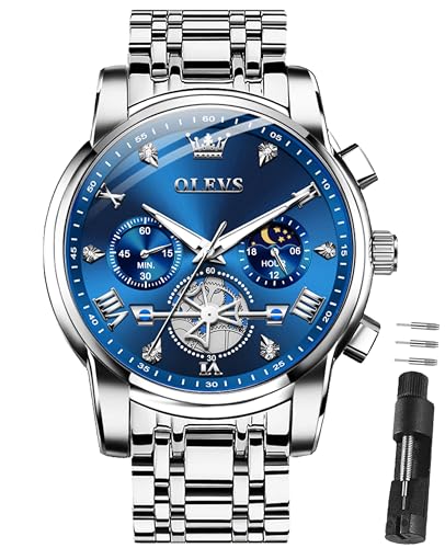 Detalle de OLEVS Chronograph Herrenuhr 42 mm Edelstahl, Quarz, 3 ATM wasserdicht – Silberblaues Zifferblatt