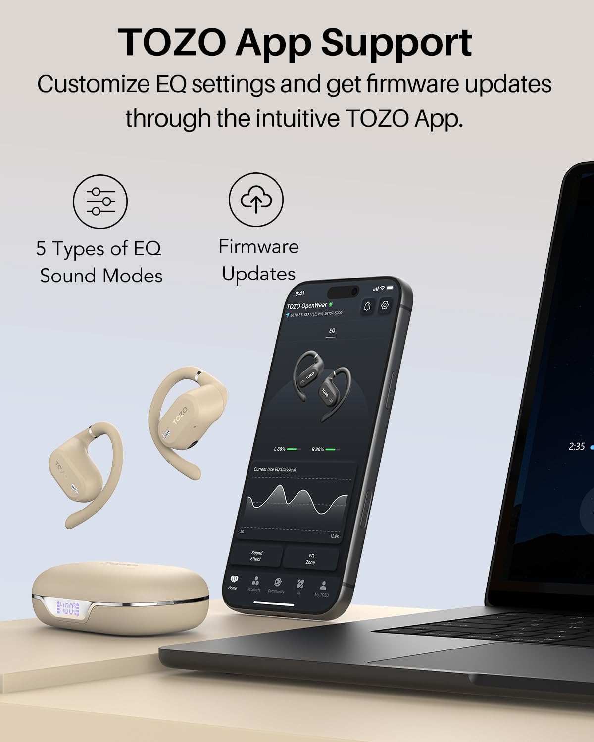 Thumbnail 5 de TOZO OpenWear kabellose Bluetooth-Kopfhörer mit ENC, 14,2-mm-Treiber und bis zu 38 Std. Wiedergabe (Khaki)