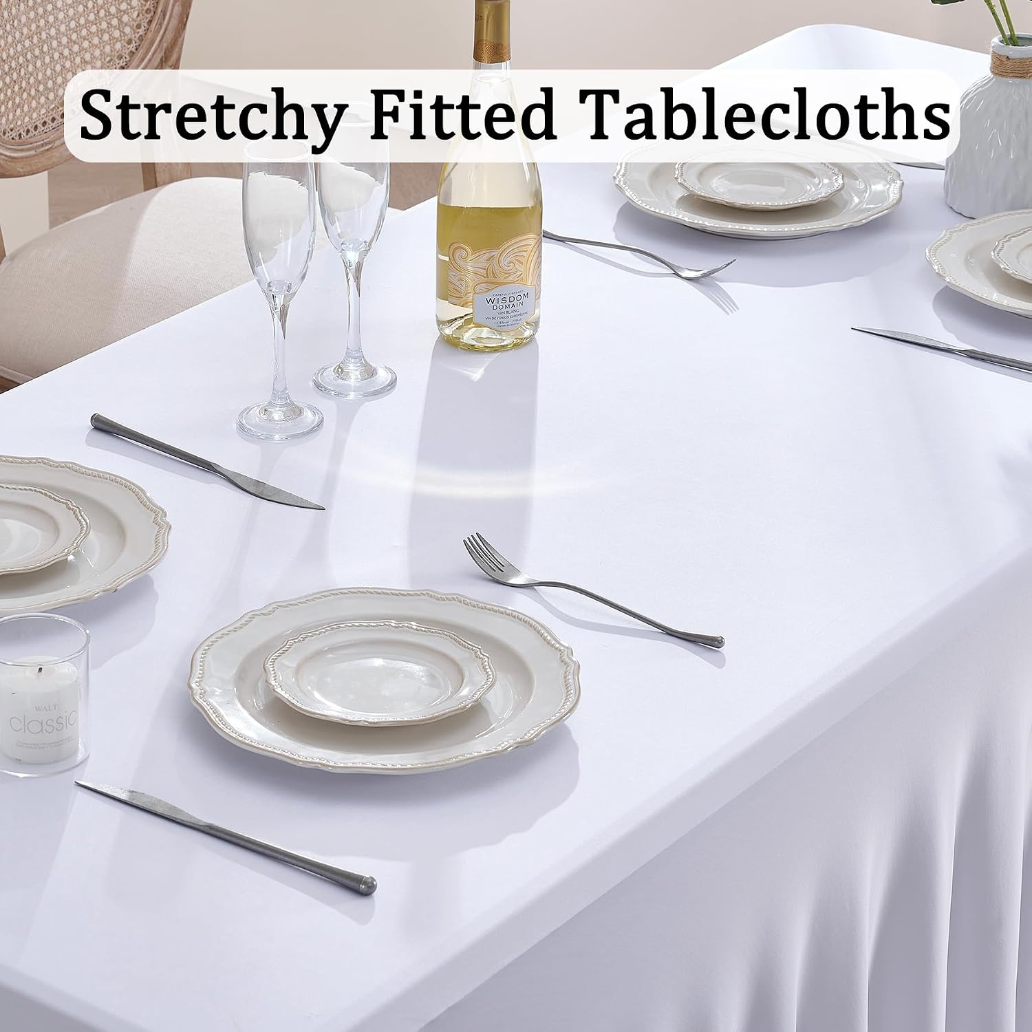 Thumbnail 1 de 8-Pack White Wavy Spandex Tablecloths for 6-Foot Rectangle Tables (Wrinkle-Resistant Fitted Covers)