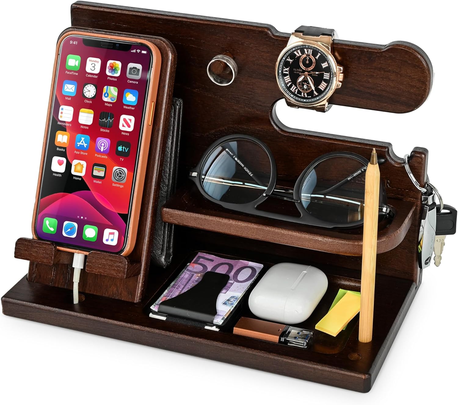 Teslyar Gifts for Men Wood Phone Docking Station – Solid Nightstand Organizer