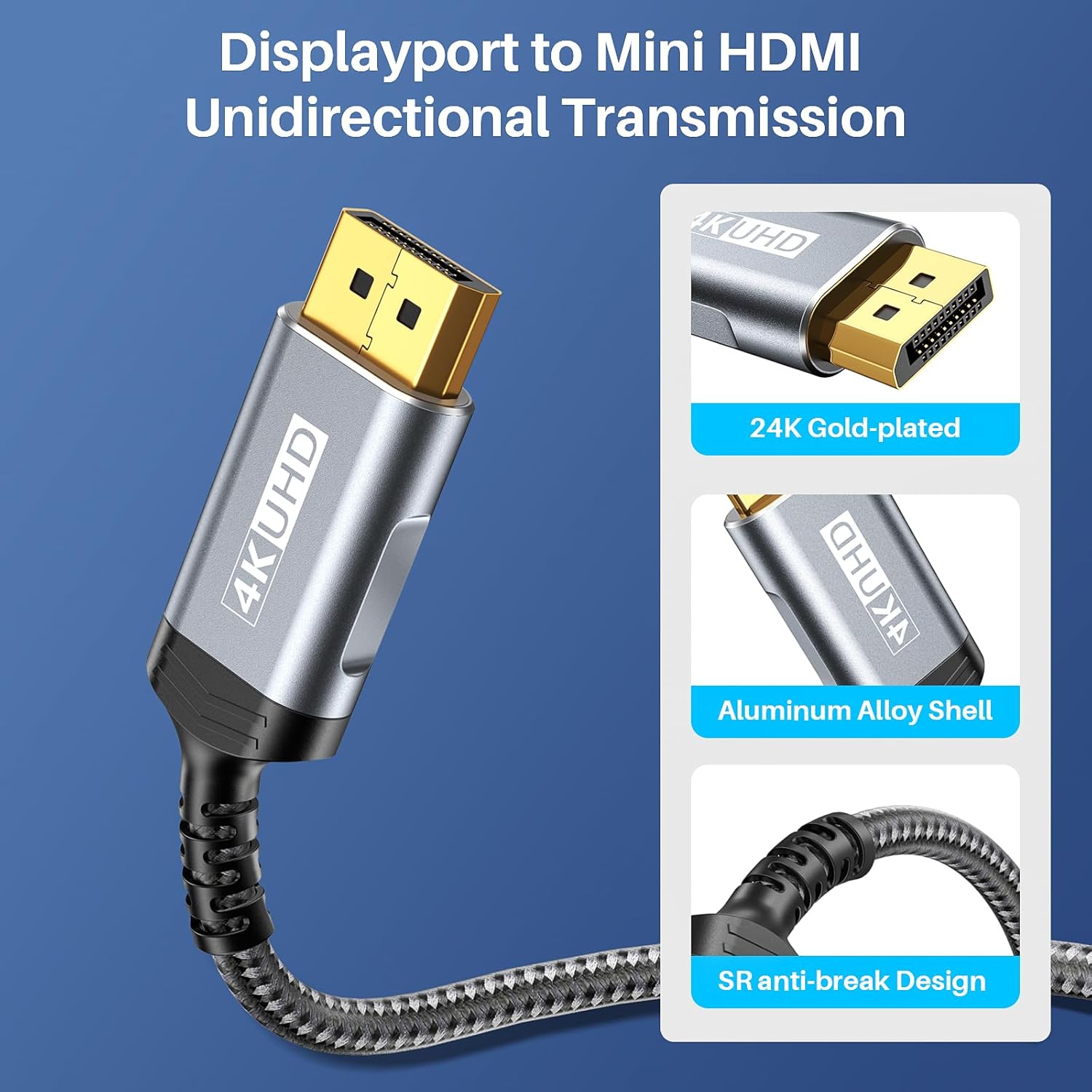 Thumbnail 4 de LDLrui DisplayPort to Mini HDMI Cable 1m – 4K/60Hz, 2K/120Hz, DP to Mini HDMI
