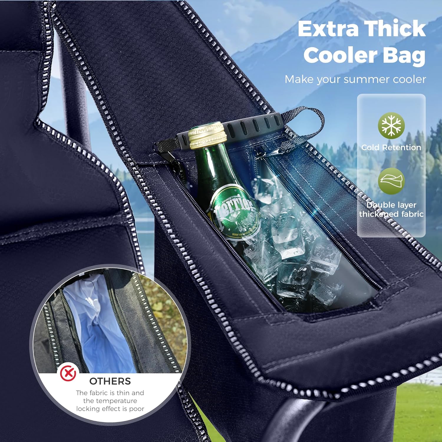 Detalle 2 de ALPHA CAMP Set of 2 Heavy-Duty Folding Camping Chairs (Up to 200kg) – Navy, with Cup Holder, Cooler Bag and Side Pocket