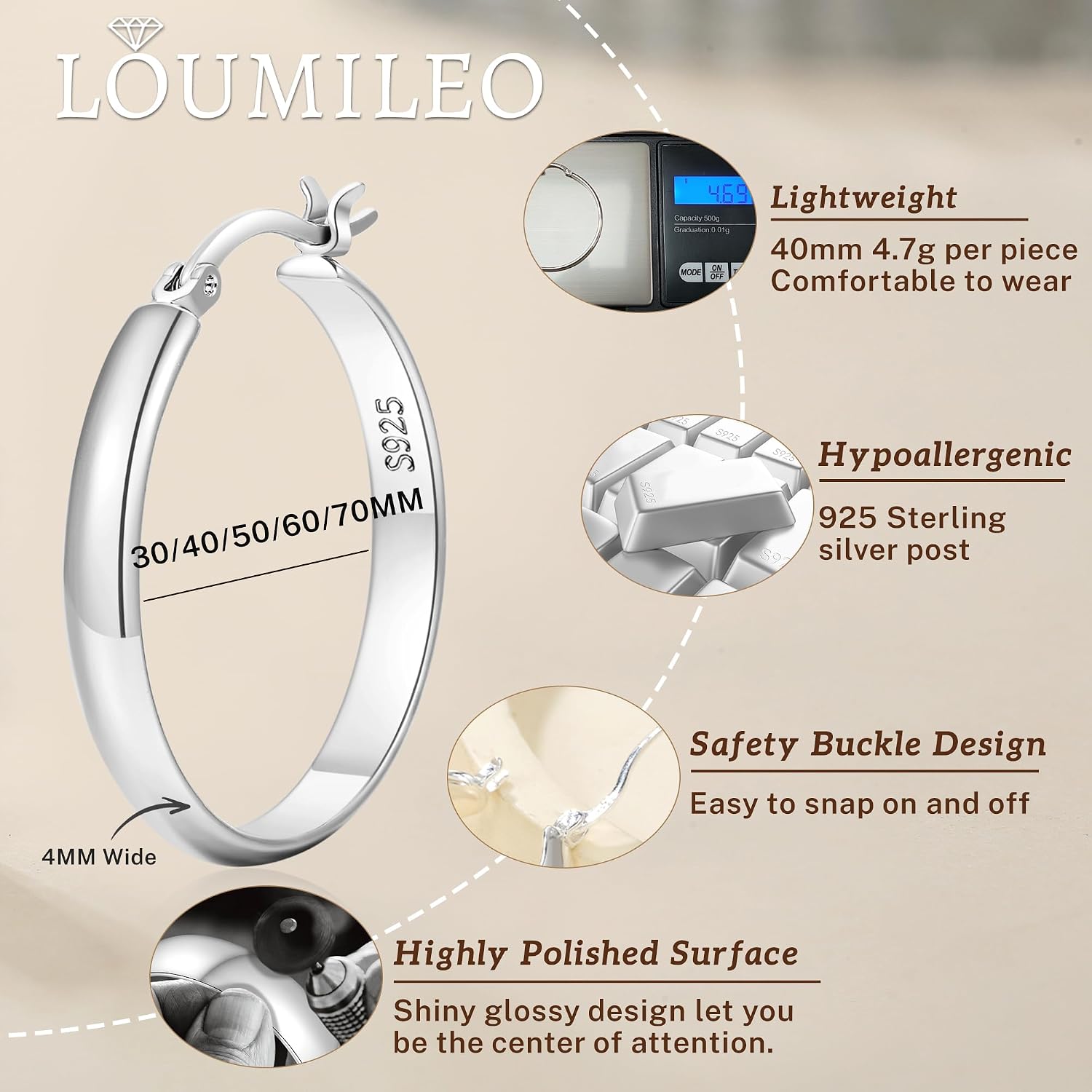 Thumbnail 3 de LOUMILEO 4mm Wide Large Silver Hoop Earrings (925 Sterling Silver posts) — Hypoallergenic thin hoops in 30–70mm