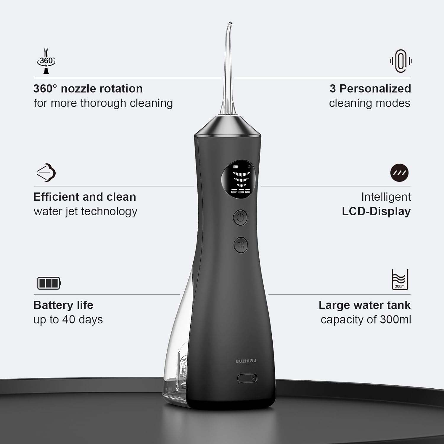 Thumbnail 1 de BUZHIWU Cordless Water Flosser for Teeth with 300ml Tank, Screen Display, 3 Modes & 3 Tips, IP68 Waterproof