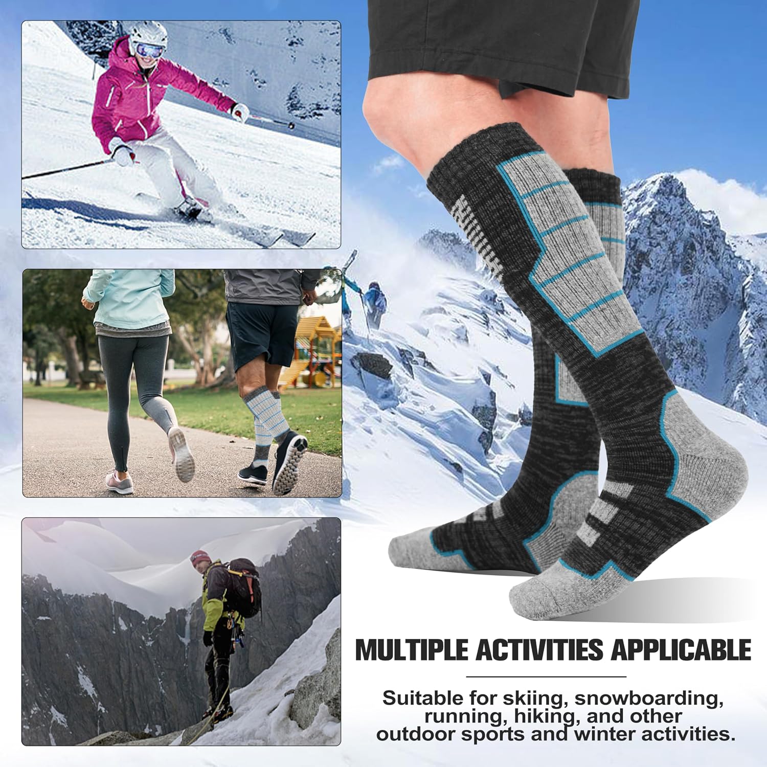 Detalle de Anlisim Merino Wool Ski Socks, 3 Pairs, Knee-High with Cushioning