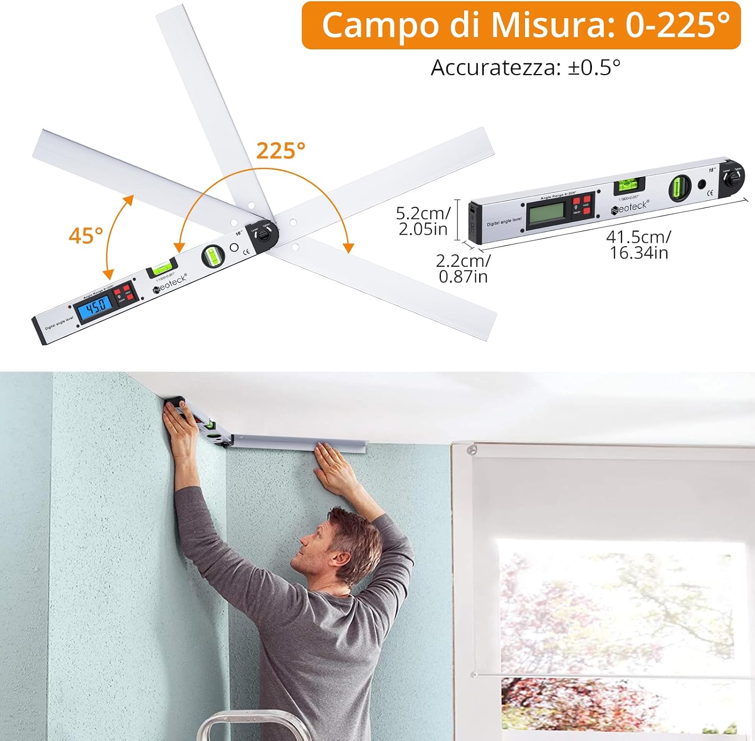 Detalle de Neoteck Angle Finder Digitale 0–225°: righello angolare con LCD retroilluminato