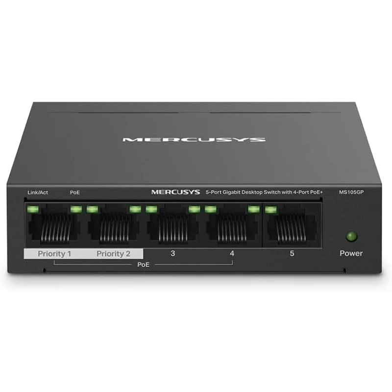 Detalle de Mercusys MS105GP: Switch Gigabit de 5 puertos PoE para redes domésticas y pequeñas oficinas